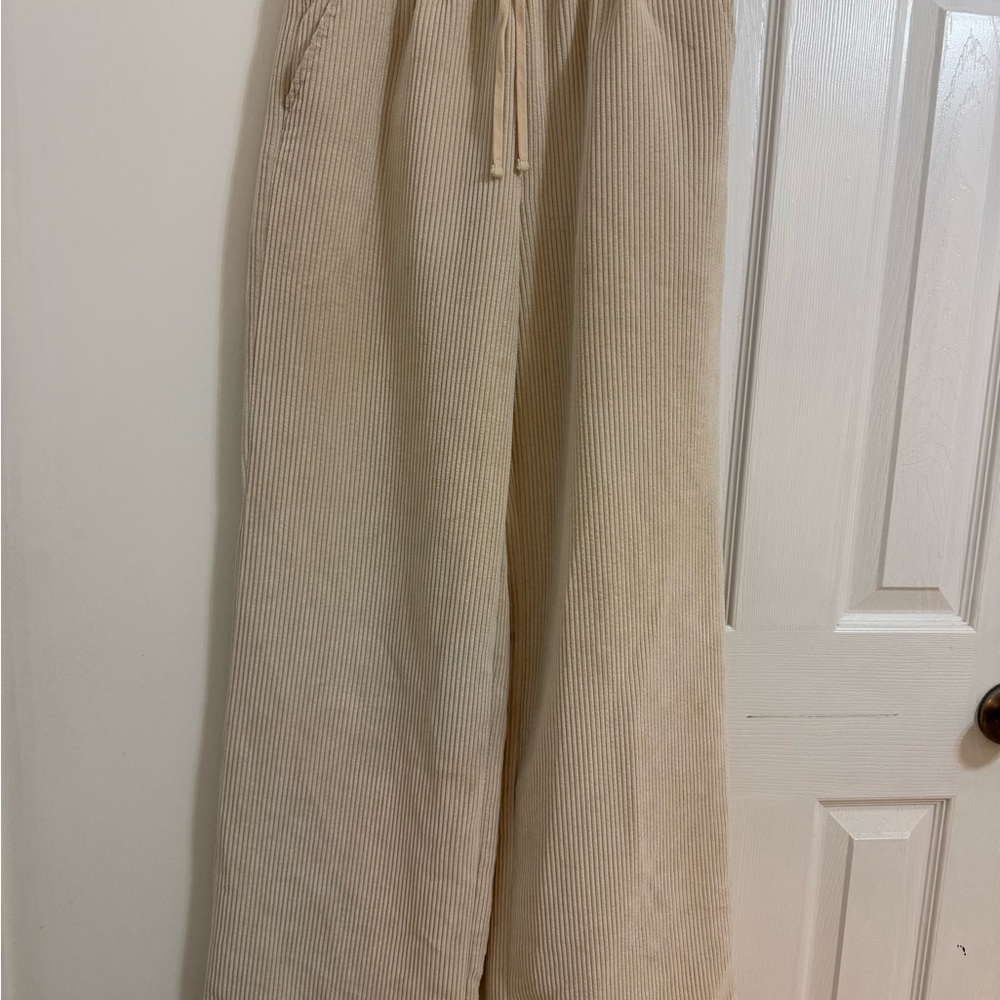 Beige Corduroy Wide-Leg Pants